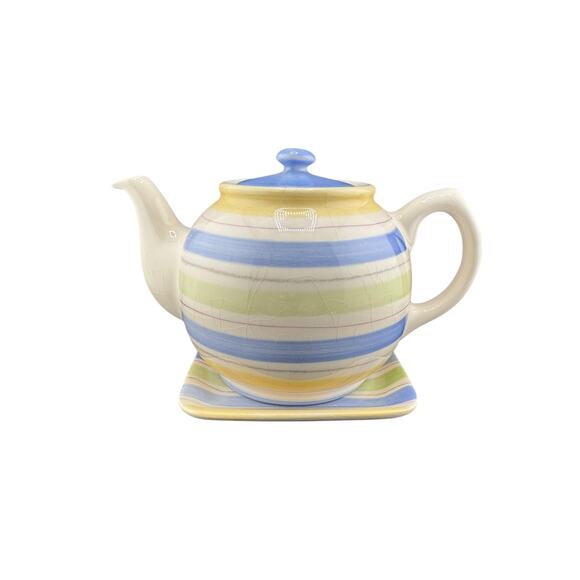 Crate & Barrel Sanibel Teapot Set Cream Earthy Stripe Stoneware Coastal Brew - Picture 1 of 7